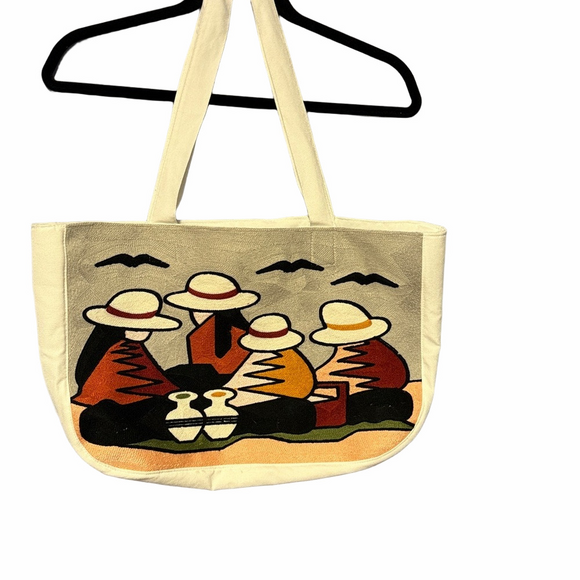 Handmade Handbags - Ecuadorian Embroidered Indigenous Cotton Tote Bag Terracotta Earth Tones white